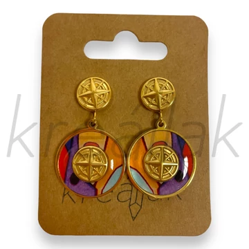 Fülbevaló - Arany körlapos színes mintás fülbevaló