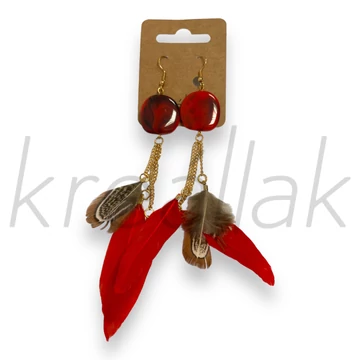 Fülbevaló - Piros tollas fülbevaló lánccal