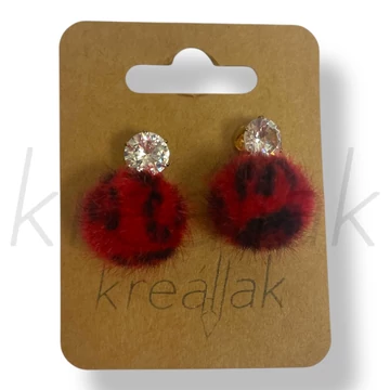 Piros mintás szőr gömb fülbevaló 