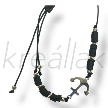 Karkötő - Fekete zsinór karkötő vasmacska medállal