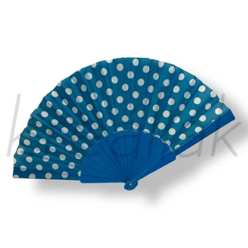 Türkizkék alapon fehér pöttyös legyező