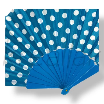 Türkizkék alapon fehér pöttyös legyező