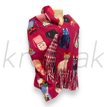 Sálak és Kendők - Cicás tyúklábmintás sál fuxia