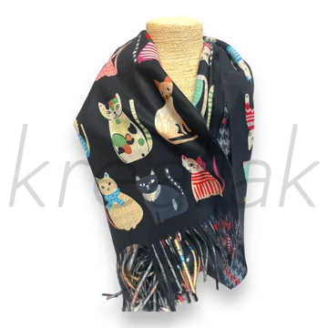 Sálak és Kendők - Cicás tyúklábmintás sál szürke