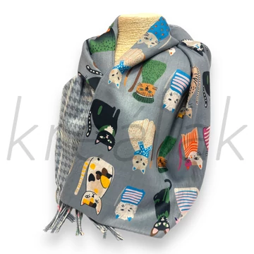 Sálak és Kendők - Cicás tyúklábmintás sál fekete