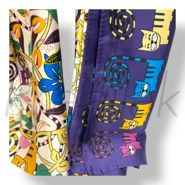 Lila virágos-cicás selyem sál