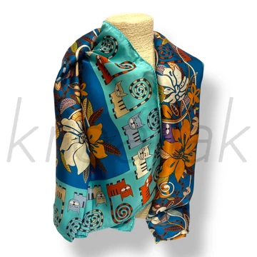 Türkizkék cicás-virágos selyem sál