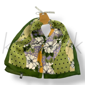 Zöld pöttyös-virág selyem kendő