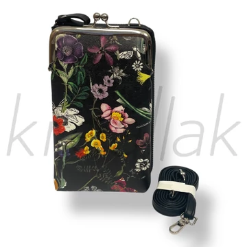 Fekete virágos telefontartó táska