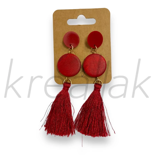 Fülbevaló - Piros bojtos fa fülbevaló