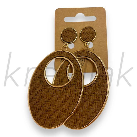 Fülbevaló - Barna rácsos szalma , fém fülbevaló