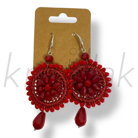 Piros gyöngyös horgolt fülbevaló