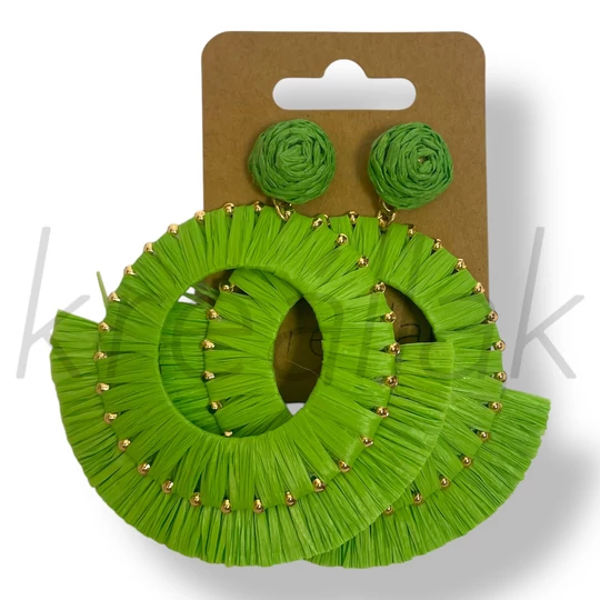 Zöld nagy kerek szalma fülbevaló