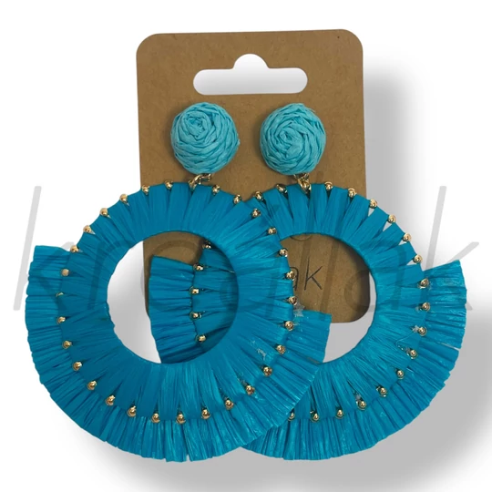 Türkizkék nagy kerek szalma fülbevaló