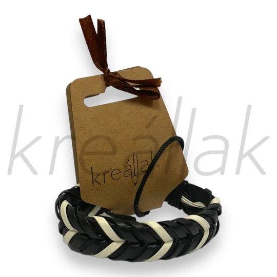 Karkötő - Fekete-fehér fonott mintás bőr karkötő