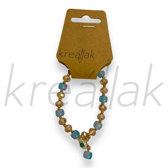 Karkötő - Világoskék gyöngyös karkötő virággal