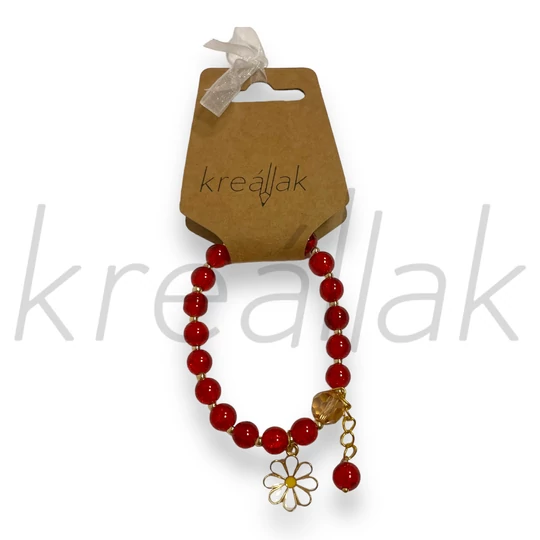 Karkötő - Piros karkötő virág medállal