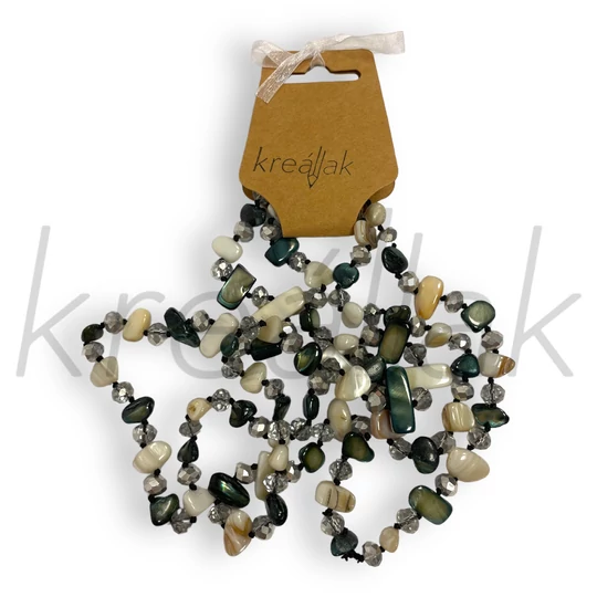 Hosszú kagylós,gyöngyös nyaklánc sötétzöld