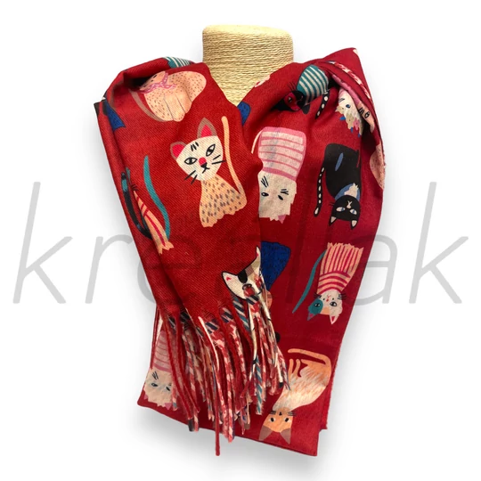 Sálak és Kendők - Cicás tyúklábmintás sál bordó