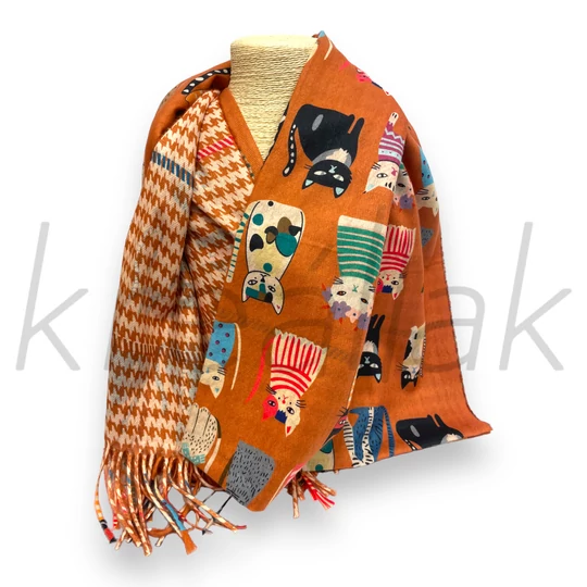 Sálak és Kendők - Cicás tyúklábmintás sál narancs