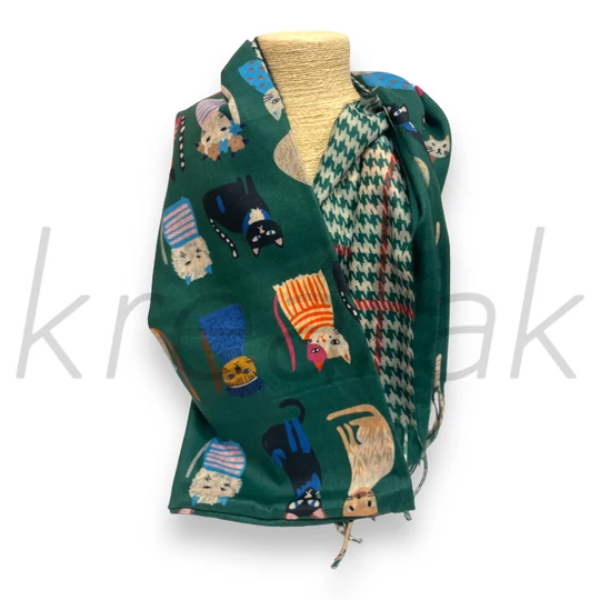 Sálak és Kendők - Cicás tyúklábmintás sál sötétkék