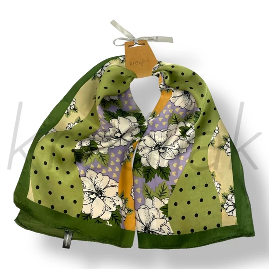 Zöld pöttyös-virág selyem kendő